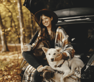 White dog with a lady in checkered shirt sits in the car truck